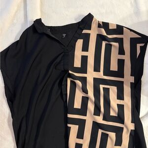 SHEIN Black and Beige Geometric Colorblock V-Neck Blouse